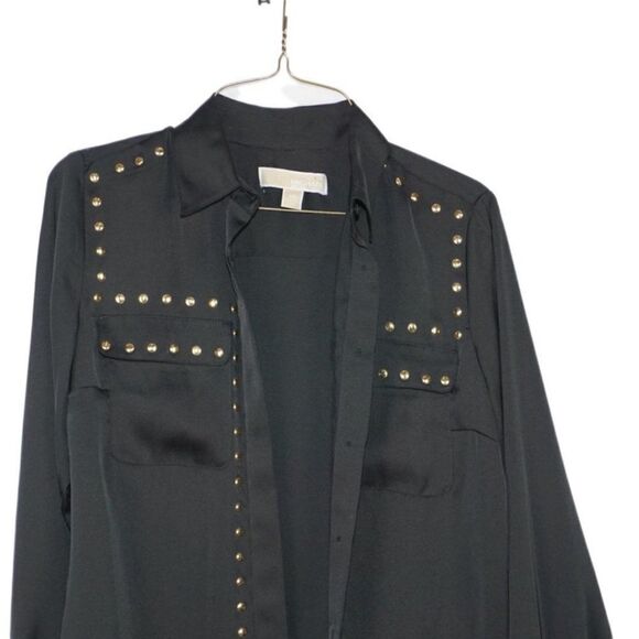 Michael Kors Black Long-Sleeve Button-Up Top with Gold Accents, Size XS - Picture 2 of 3
